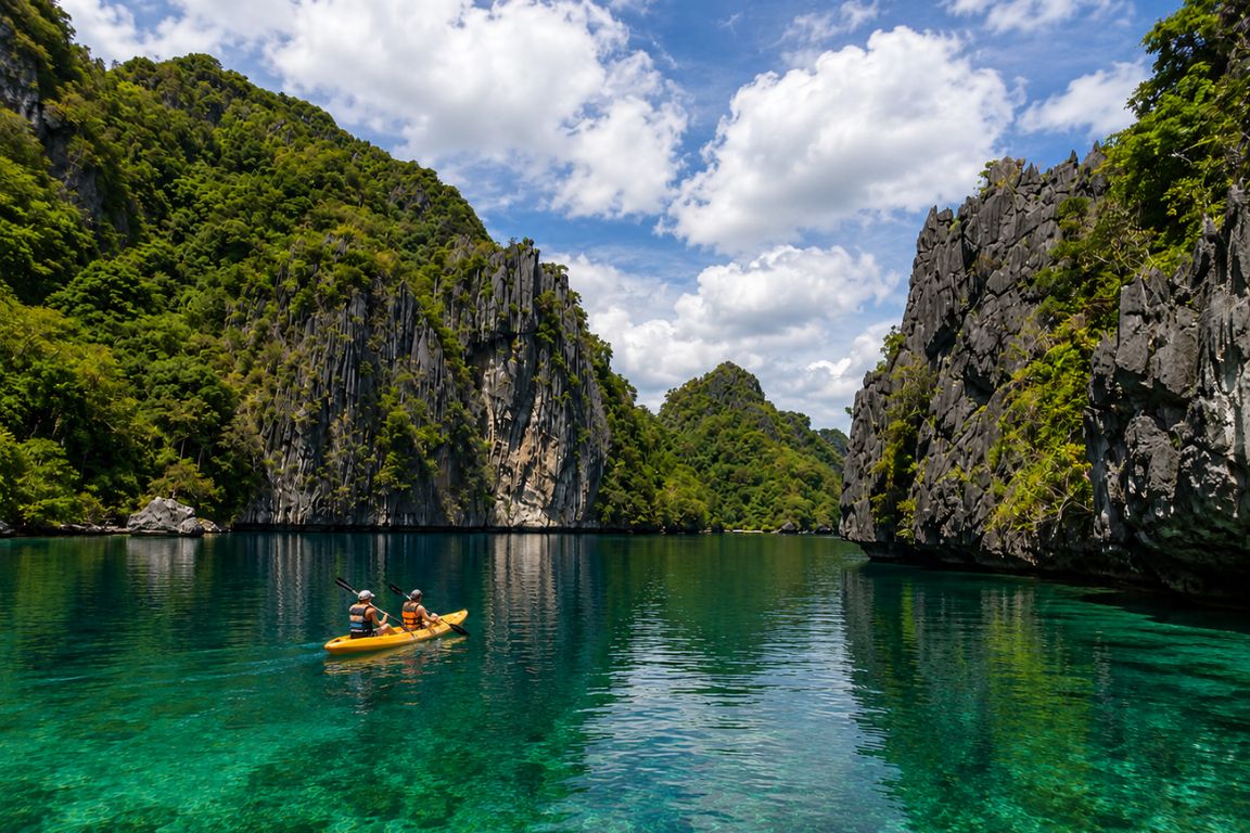 Tourists exploring the crystal-clear waters of Big Lagoon during an El Nido adventure with El Nido Tours