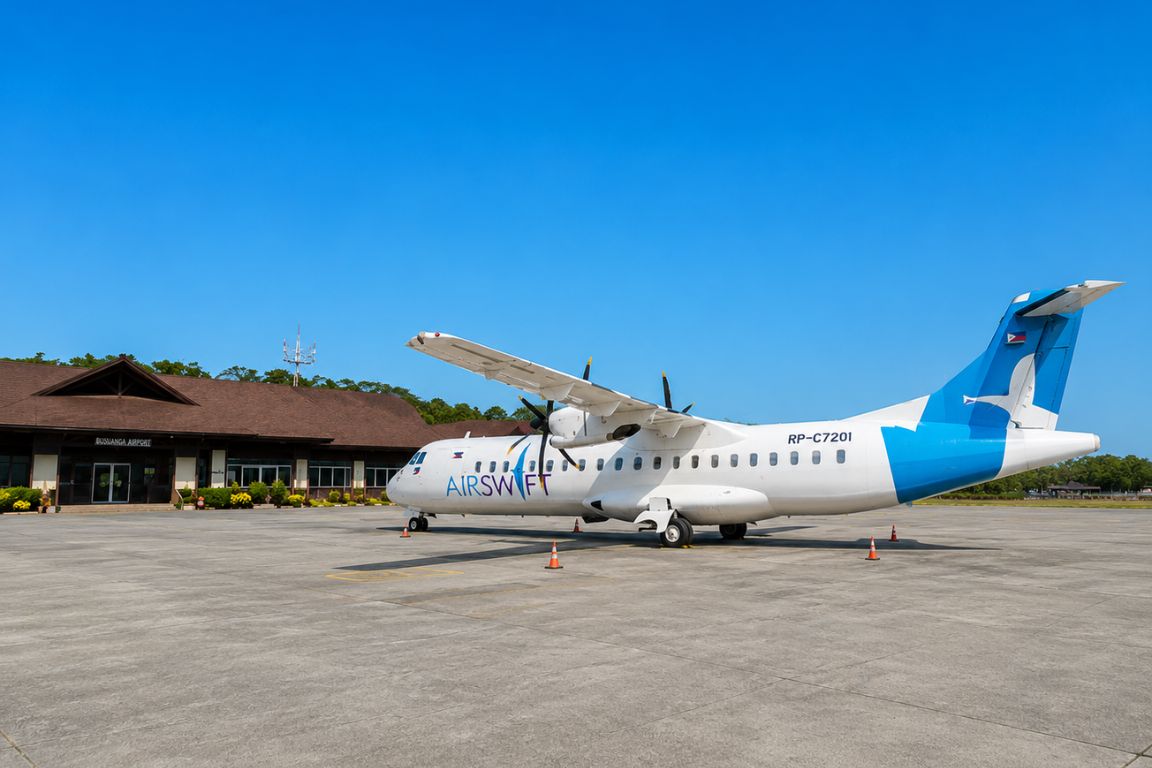 AirSwift airplane parked at El Nido Airport during a tour with El Nido Tours in the Philippines