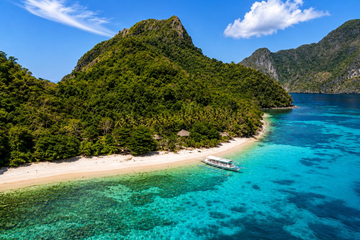 Beautiful aerial view of Matinloc Shrine and tropical beach during an El Nido adventure with El Nido Tours