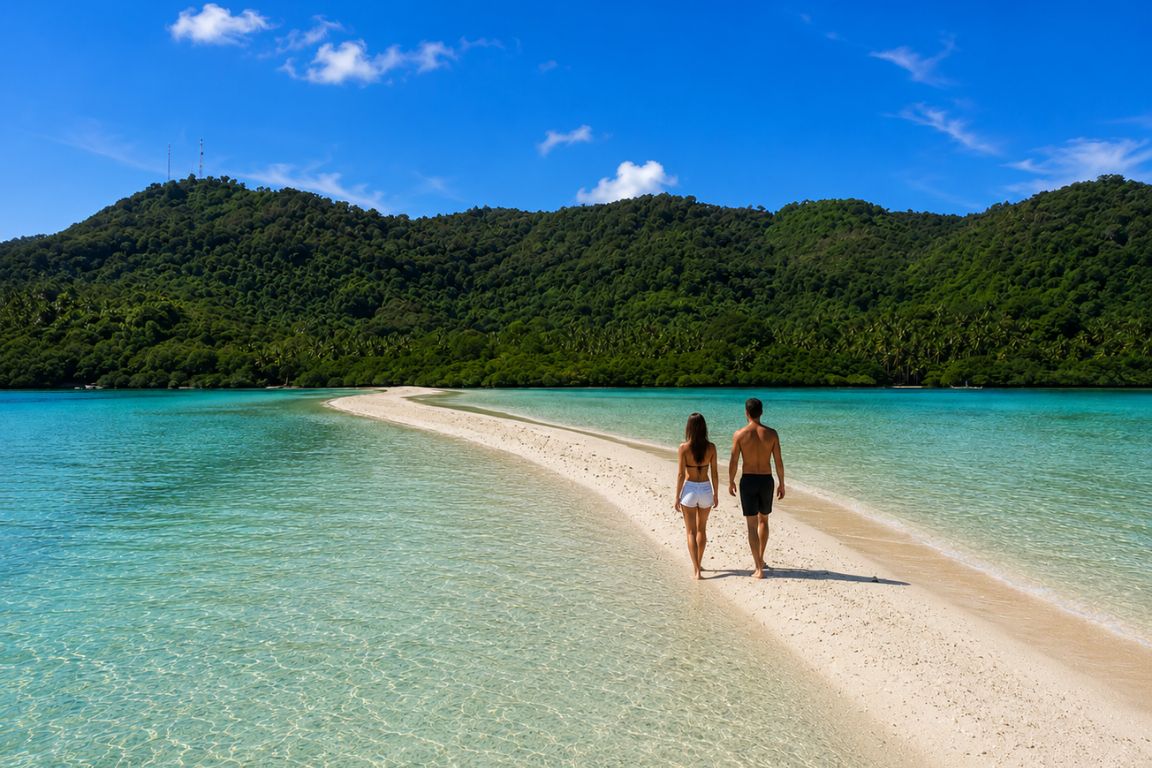 Couple walking along the famous Snake Island sandbar during an island hopping tour with El Nido Tours