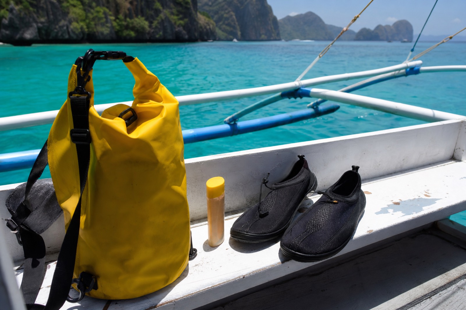 Flat-lay of El Nido island-hopping essentials: dry bag, water shoes, reef-safe sunscreen, and a snorkel mask on a wooden boat deck