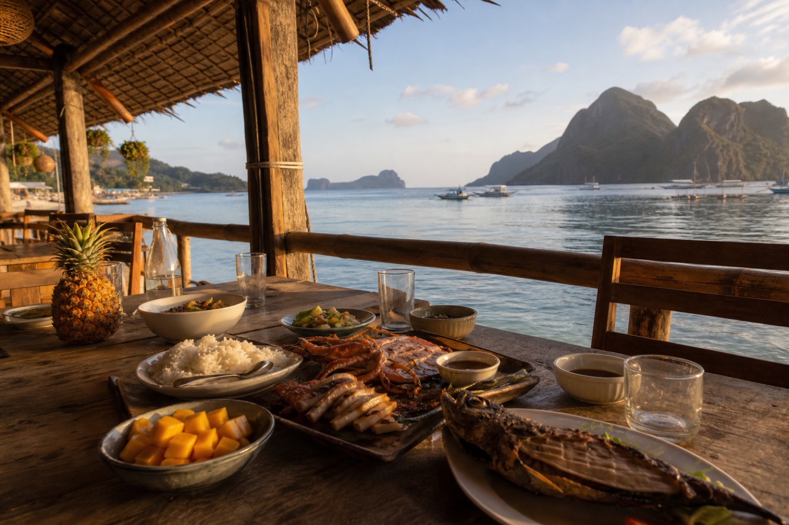 A beachfront table in El Nido set with fresh grilled seafood as the sun drops over Bacuit Bay