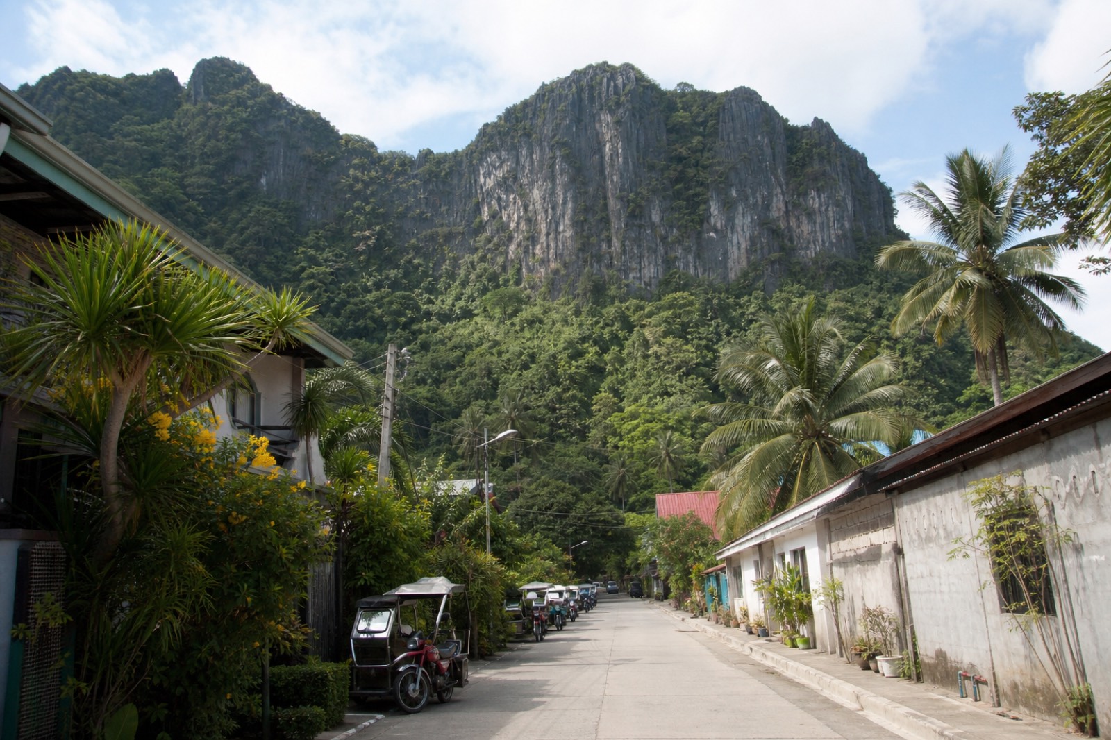 Traditional wooden bangka boats moored off El Nido town below the limestone cliffs of Bacuit Bay