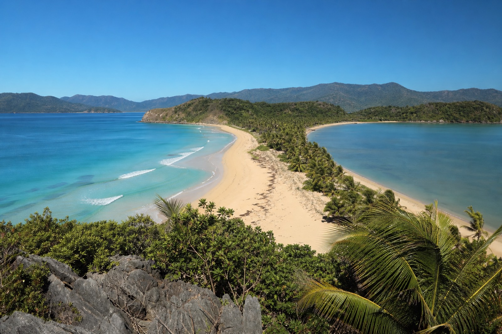 The long golden sweep of Nacpan Beach curving north of El Nido town under a line of palms