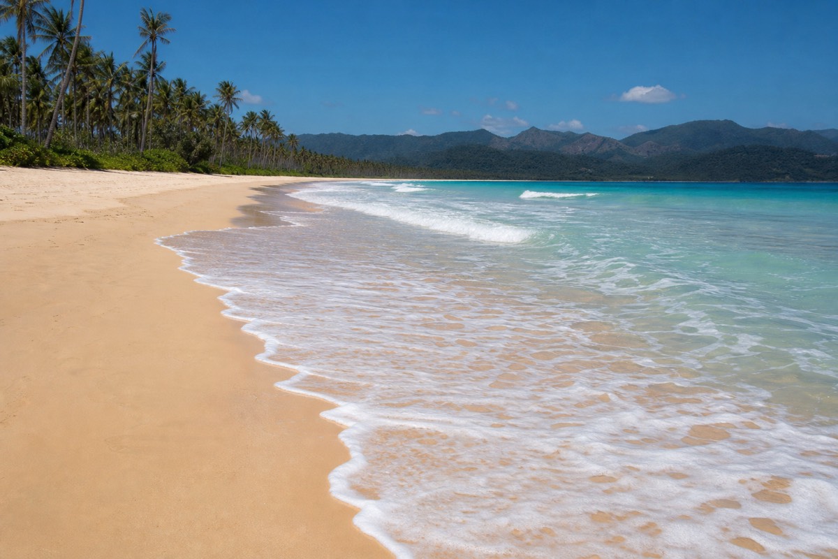 The long golden sweep of Nacpan Beach north of El Nido town